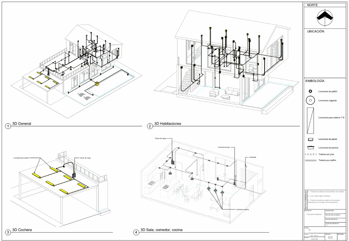 Vistas 3D de instalación eléctrica desarrollada en Revit